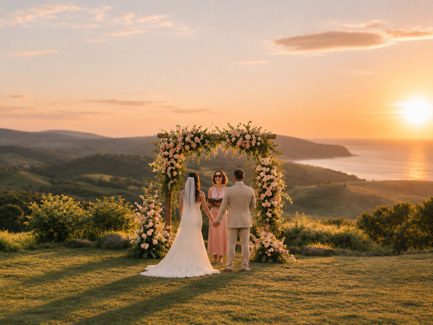 Bride and groom seen from behind, holding hands under a blush floral arbour on a grassy hilltop overlooking the coast at sunset