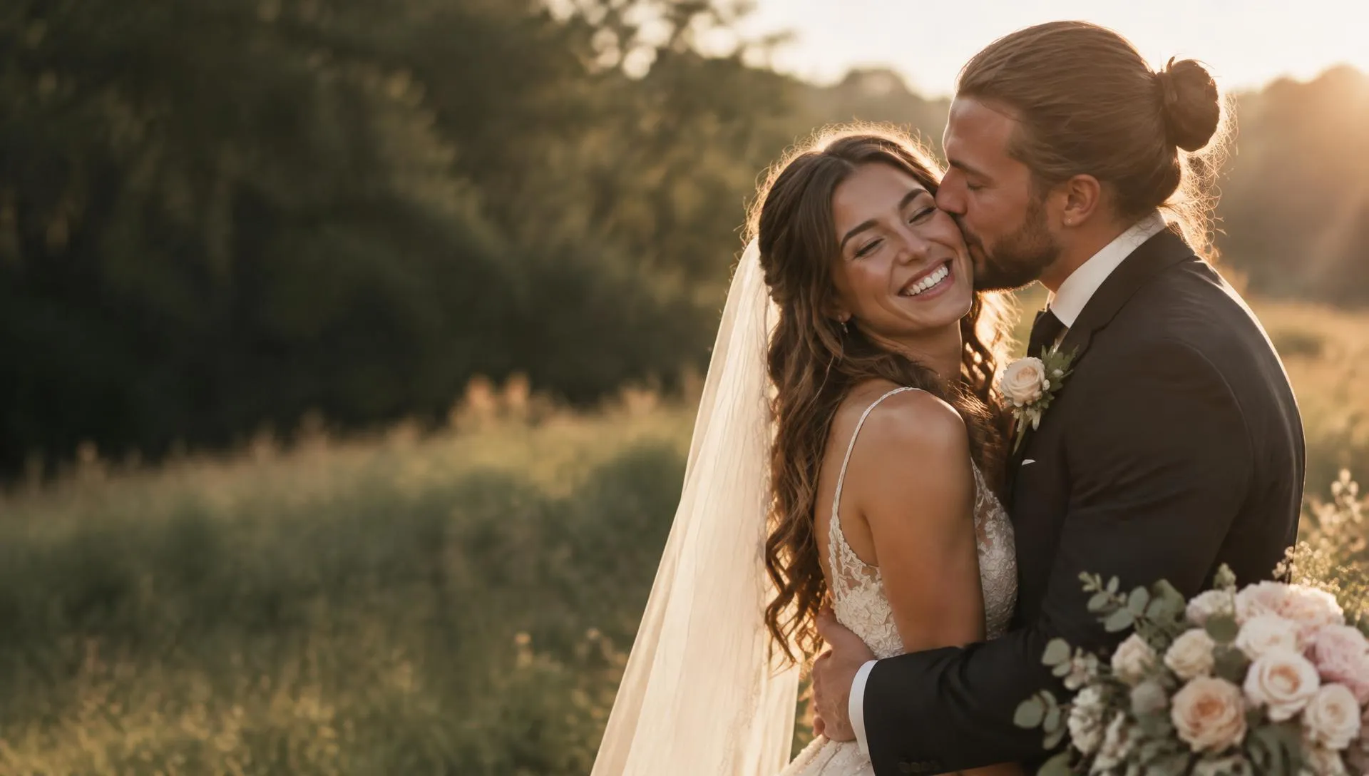 Laughing bride embraced by her groom in golden-hour light