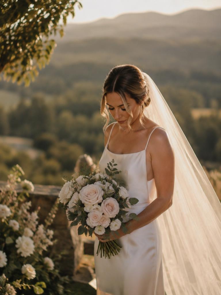 Bride holding a blush and white bouquet, pausing quietly before walking down the aisle