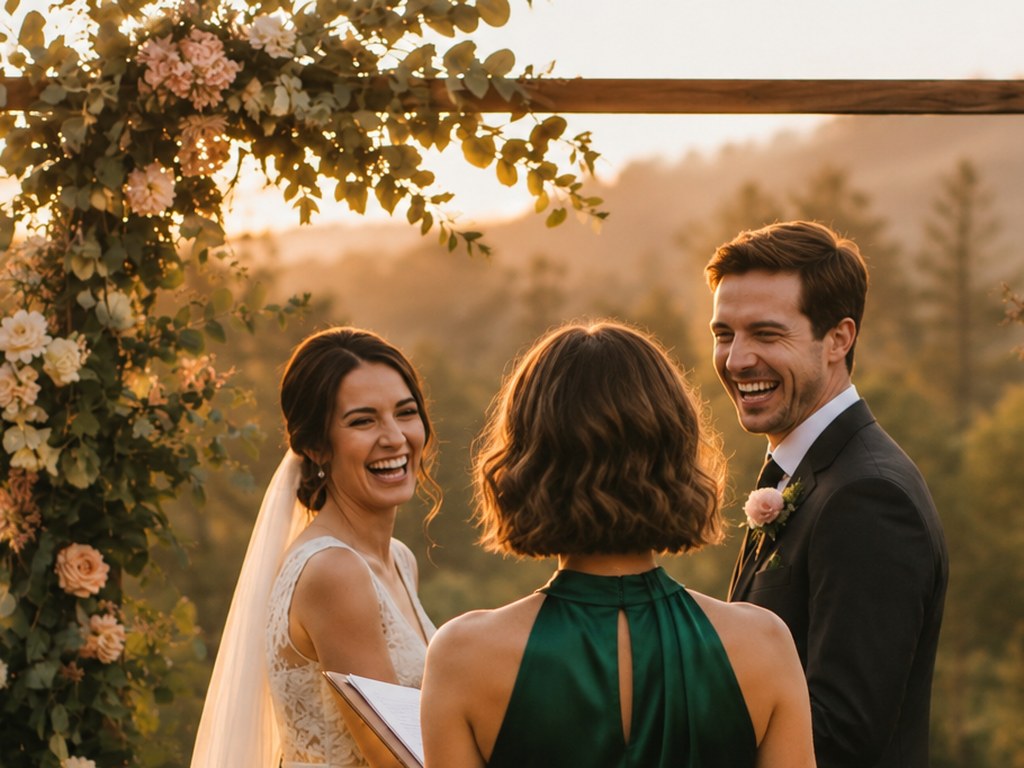 Bride and groom laughing with their celebrant under a floral arbour during their ceremony