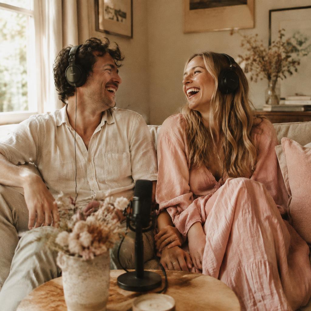 Couple laughing together on a sofa wearing headphones during a relaxed podcast recording