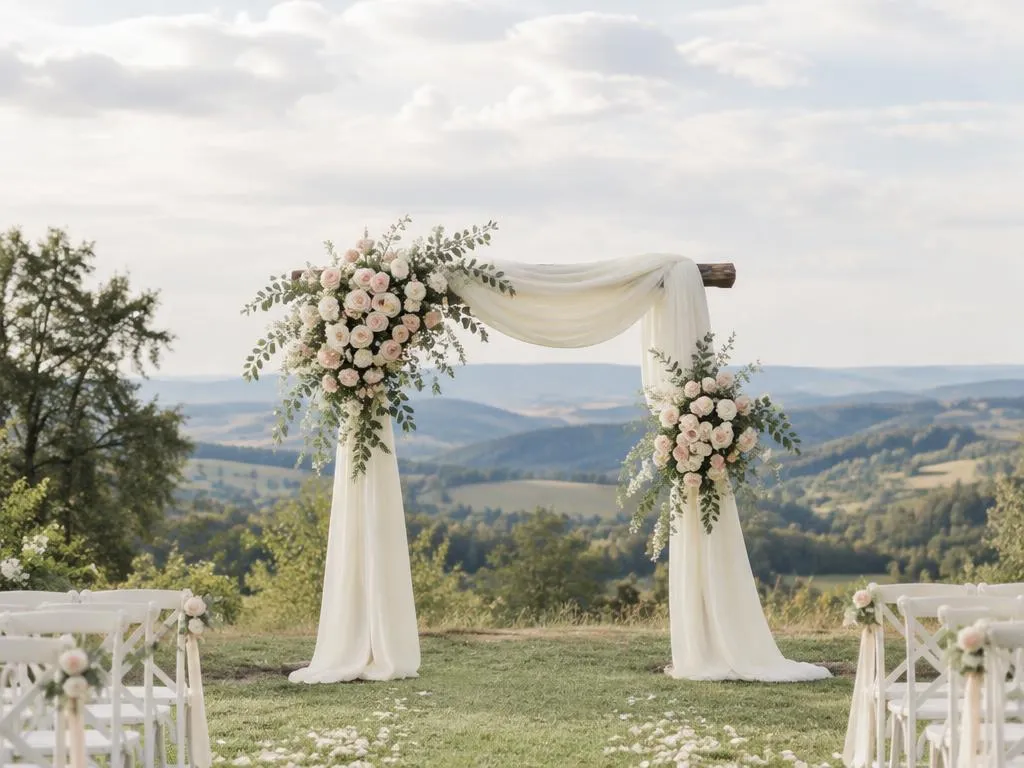 Outdoor wedding ceremony arbour with draped fabric and blush flowers overlooking the hinterland