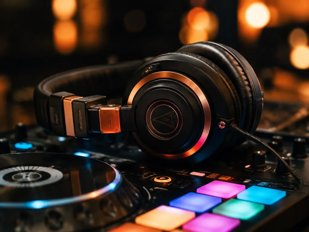 DJ headphones resting on a DJ controller with glowing pads