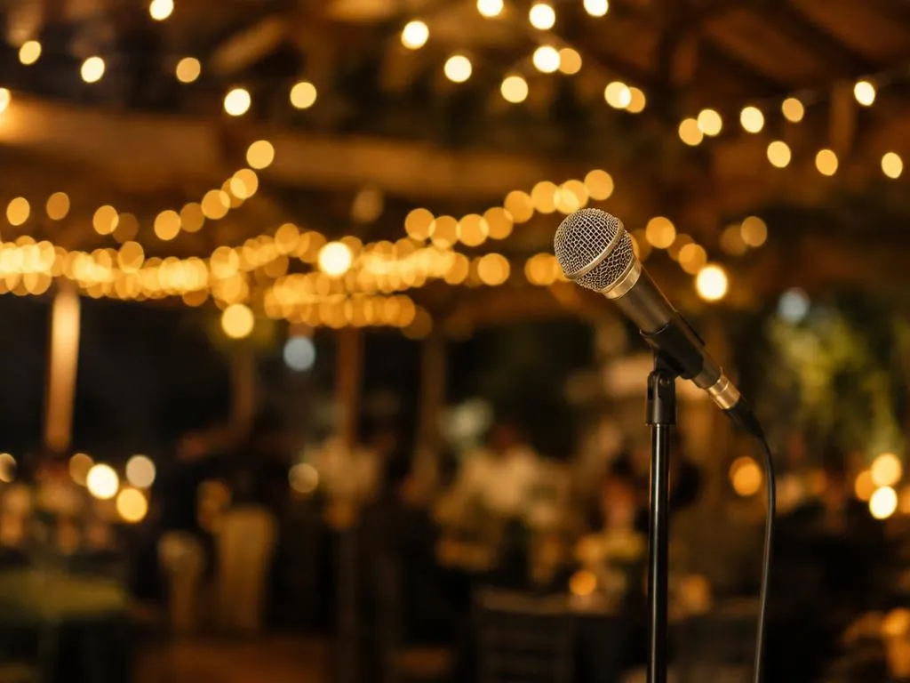 Microphone on a stand with warm festoon lights at a wedding reception