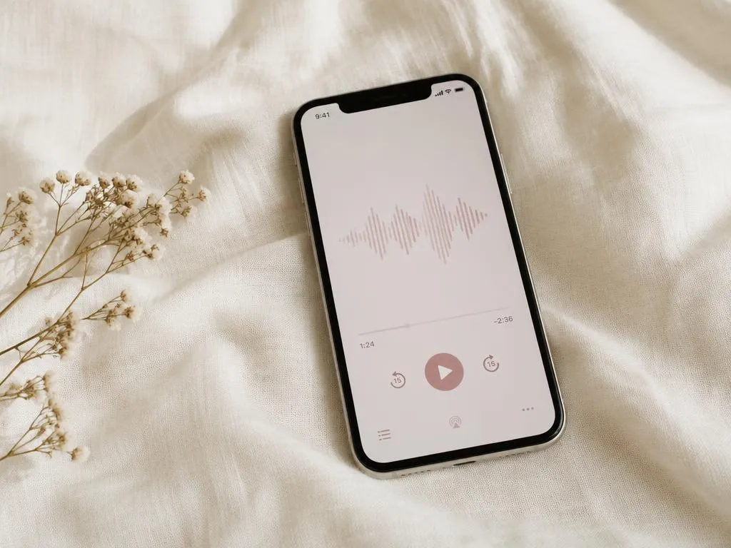 Smartphone showing an audio waveform on soft linen with dried flowers